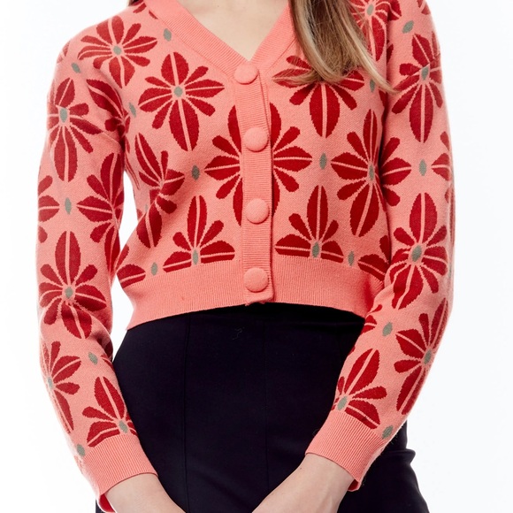 Floral Patterned Pink Cardigan Sweater retro holiday sweater / cropped size xl - Picture 1 of 5